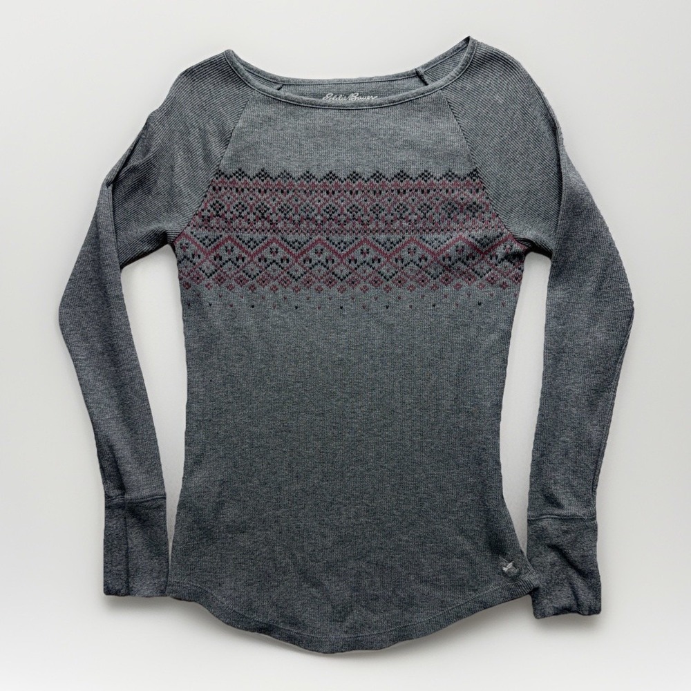 Eddie Bauer Womens M Top Gray Thermal Base Layer Fair Isle Print Long Sleeve